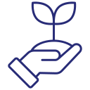 Icon of a hand holding a small plant with two leaves, outlined in blue, symbolizing empowerment and care services.