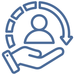 Blue line icon depicting a hand supporting a circular arrow around a person's silhouette, symbolizing Specialised Substitute Residential Care (SSRC).