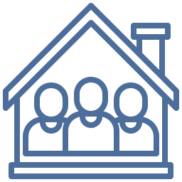 Icon of three people inside a house, depicted with simple blue line art, representing Specialised Substitute Residential Care (SSRC).