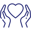 A blue line drawing of two hands cupping a heart shape, representing empowerment care services.