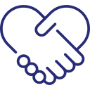A blue and white line drawing of a handshake forming the shape of a heart symbolizes empowerment and care services.