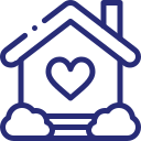 An icon of a house with a heart in the center, representing empowerment care services, and shrubs on both sides. The house has a chimney.