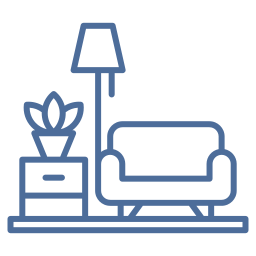 Outline of a living room setup for an SSRC environment, including a lamp, potted plant on a side table, and an armchair.