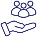 Icon of an open hand with three human figures above it, representing empowerment and care services for people.
