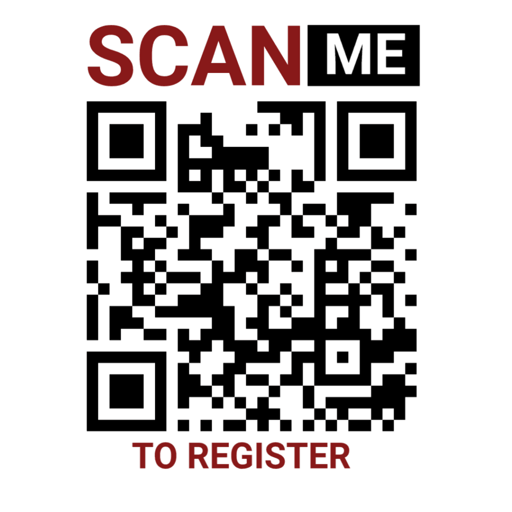 A QR code with the words "SCAN ME TO REGISTER" in bold red and black text above and below, inviting you to join the ECS Community Innovation & Empowered Living experience.